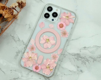 Pink daisy lace flower pressed flower MagSafe lens protective case for iPhone 15 14 Pro Max iPhone 13 12 Pro Max iPhone 11 iPhone X Xs Max