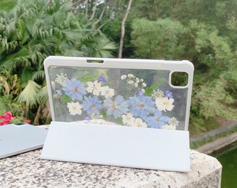 Pressed blue white flower iPad case with pen holder for iPad Pro 11" 13" 2025,iPad Air 11" 13" 2026,iPad 12th gen 2026,iPad A16,gift for her
