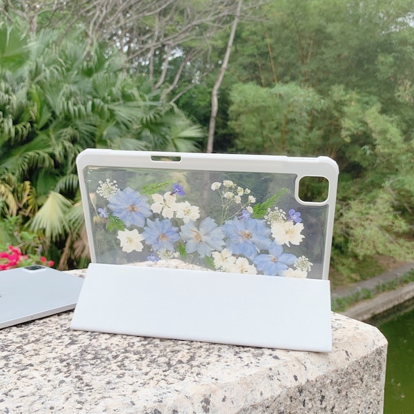 Real flower iPad case, pressed blue white flower iPad case with pen holder for iPad 10 2022 iPad Air 5 2022 Mini 6 iPad Pro 11" 12.9" 2022