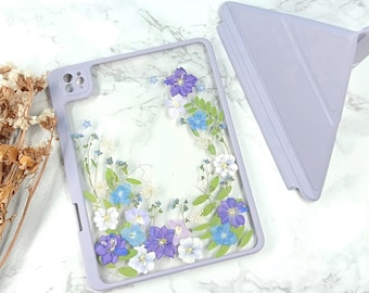 Coque iPad fleur véritable hortensia bleu violet avec emplacement pour stylo de chargement magnétique pour nouvel iPad Pro 11" 12,9" 2022 iPad Air 5 2022 iPad 9 iPad mini