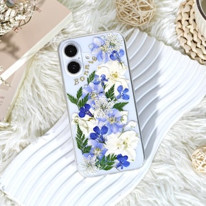 Custom name real pressed flower case with magnetic ring for iPhone 17 16 15 14 13 Pro Max, Samsung S23 S24 25 Ultra, Google Pixel 8 9 10 Pro