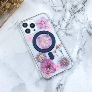 Purple Pink pressed flower MagSafe lens protective case for iPhone 15 14 Pro Max iPhone 13 12 11 Pro Max X Xs Max case, Google Pixel 7A case