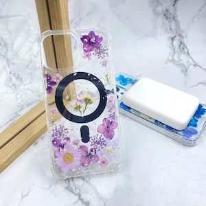 Pressed dried pink world flower magnetic clear case for iPhone 17 16 15 14 Pro Max 16e, Samsung S25 S25 S24 A16 A36,Google Pixel 9 Pro 9A 10