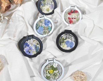 Real pressed flower custom name dual sided magnetic phone ring adjustable holder, 360 degrees rotatable foldable phone stand, gift for her