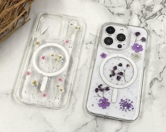 Pink purple small floral lace flower pressed flower MagSafe clear case for iPhone 15 14 Pro Max iPhone 13 12 11 Pro Max iPhone X Xs Max