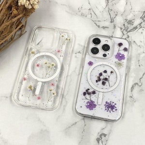 Pink purple small floral lace flower pressed flower MagSafe clear case for iPhone 15 14 Pro Max iPhone 13 12 11 Pro Max iPhone X Xs Max