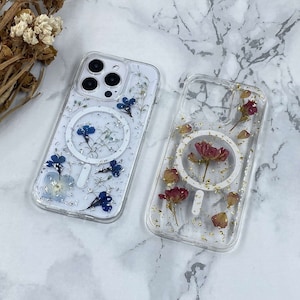 Blue Lobelia erinus red rose flower pressed flower MagSafe clear case for iPhone 15 14 Pro Max iPhone 13 12 Pro Max Samsung Z Filp 5 4 case