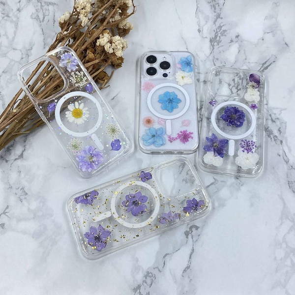 Real pressed white purple blue flower gold foil MagSafe clear case for iPhone 15 14 Pro Max iPhone 13 12 11 Pro Max iPhone x Xs Max case