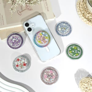 Magnetisk telefonhållare med pressad blomma och anpassat namn, Magsafe-telefonhållare, glittergrepp för e-läsare, telefontillbehör, söt present till henne