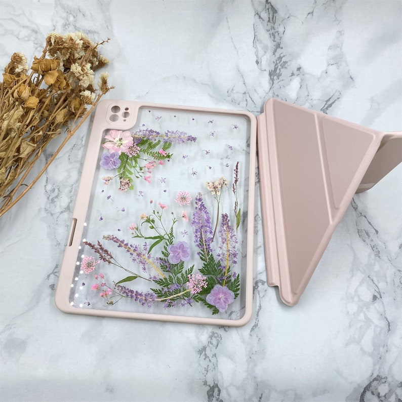 Pressed polygonum grass flower iPad case with magnetic charging pen slot for new iPad Pro 11 12.9 2022 iPad Air 5 2022 iPad 9 iPad mini6 image 1