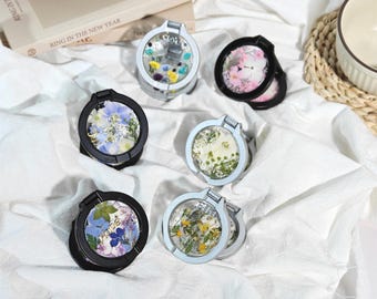 Real dried flower custom name dual sided magnetic phone ring adjustable holder,360 degrees rotatable foldable phone stand,personalized gift