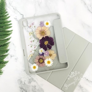 Może przedstawiać: Szare etui na tablet z przezroczystym panelem tylnym ozdobionym prasowanymi kwiatami. Kwiaty są fioletowe, różowe i białe. Etui ma szary klap, który zakrywa ekran.