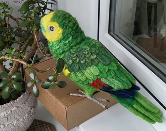 Blue-fronted amazon - wool sculpture the size of a real parrot