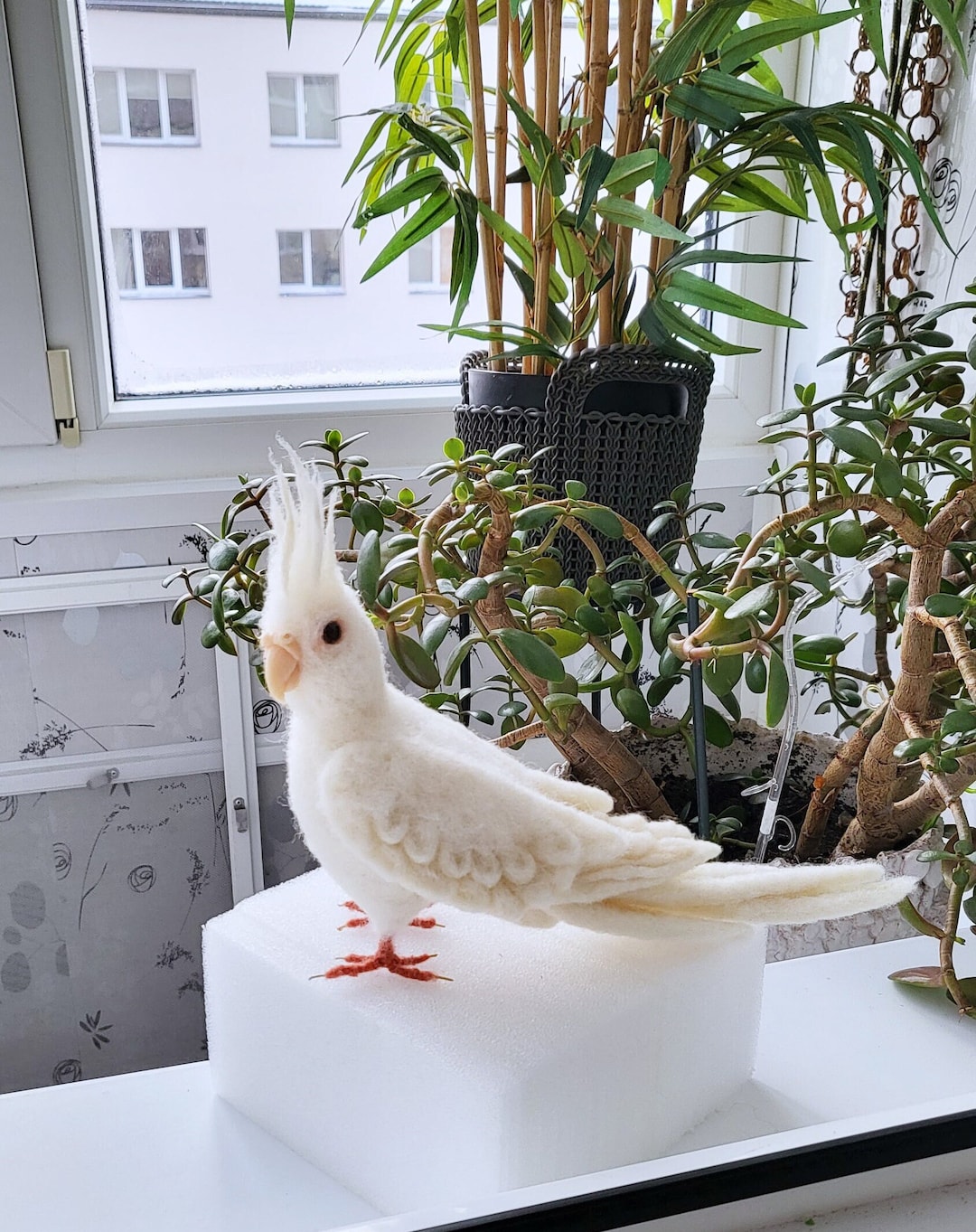Albino Cockatiel Wool Felt Sculpture: Custom Parrot Memorial