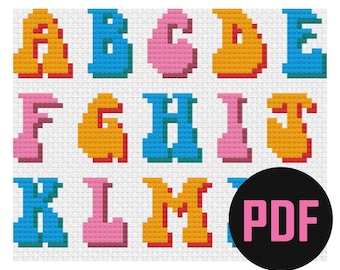 May include: Cross stitch pattern for the letters A through M in a retro style. The letters are in different colors: orange, pink, blue, and yellow. The pattern is in PDF format.