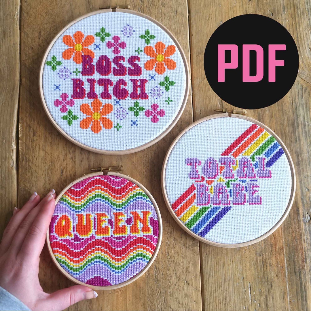 Set of 3 Cross Stitch PDF Patterns 70's Hippy Inspired Cross Stitch for ...
