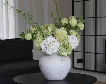 White and Green Faux Flower Arrangement, Artificial Flowers, Silk Flower Arrangement, Hydrangea Flowers