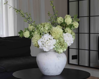 White and Green Faux Flower Arrangement, Artificial Flowers, Silk Flower Arrangement, Hydrangea Flowers