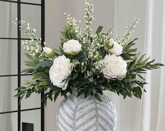 Large Ruscus and Peony Faux Flower Arrangement, Artificial Flower Arrangement, Home Decor, UK