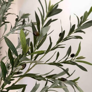 May include: A close-up of a green olive branch with small, dark olives. The branch is made of artificial materials and has a realistic appearance.