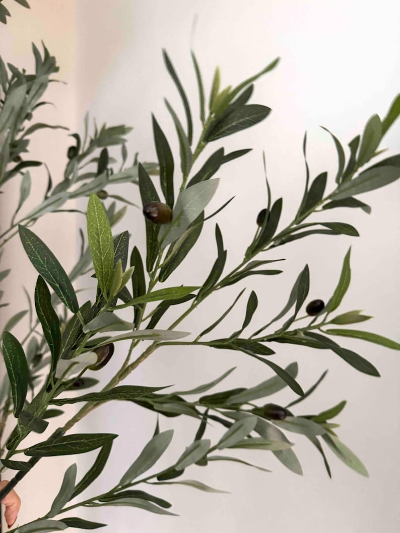 May include: A close-up of a green olive branch with small, dark olives. The branch is made of artificial materials and has a realistic appearance.