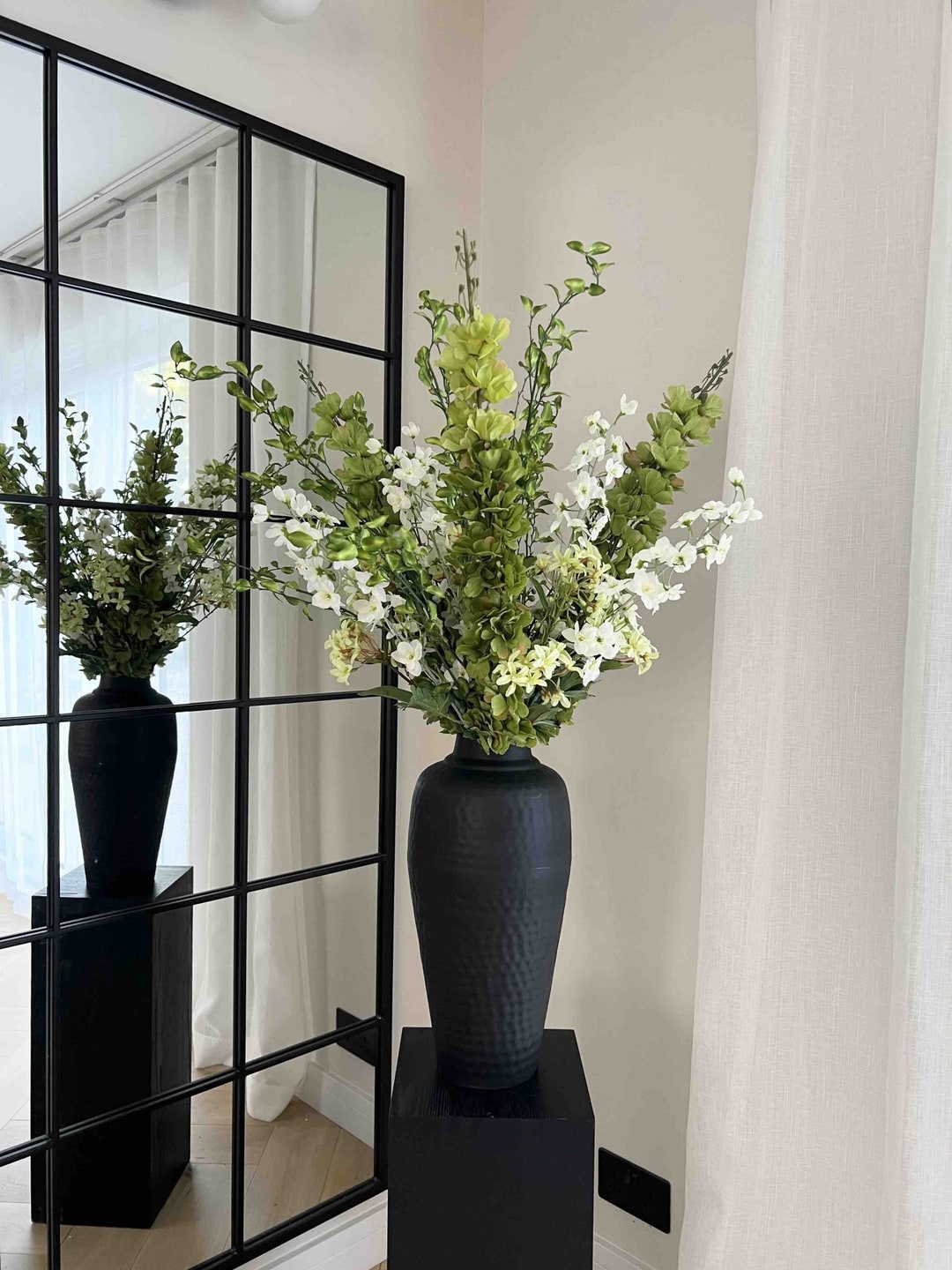Large White and Green Faux Flower Arrangement in Vase, Artificial ...