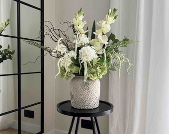 Faux Flower Bouquet, Faux Flower Arrangement, Artificial Flowers and Vase, Silk Flowers, Green and White Flowers, Home Decor, UK