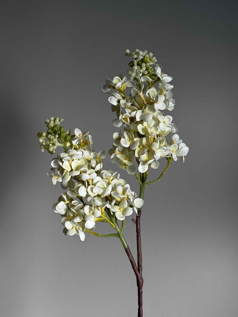 May include: A bouquet of white artificial flowers with green stems and leaves. The flowers are clustered together in a bunch, creating a full and lush look.