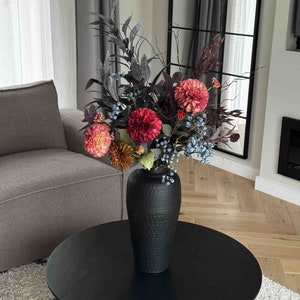 Colourful Faux Flower Arrangement, Dahlia Flowers, Artificial Flowers, Artificial Berries, Flowers and Vase, Home Decor, Red Flowers, UK