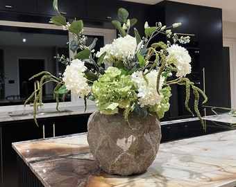 White and Green Faux Flower Arrangement, Artificial Flowers, Silk Flower Arrangement, Hydrangea Flowers