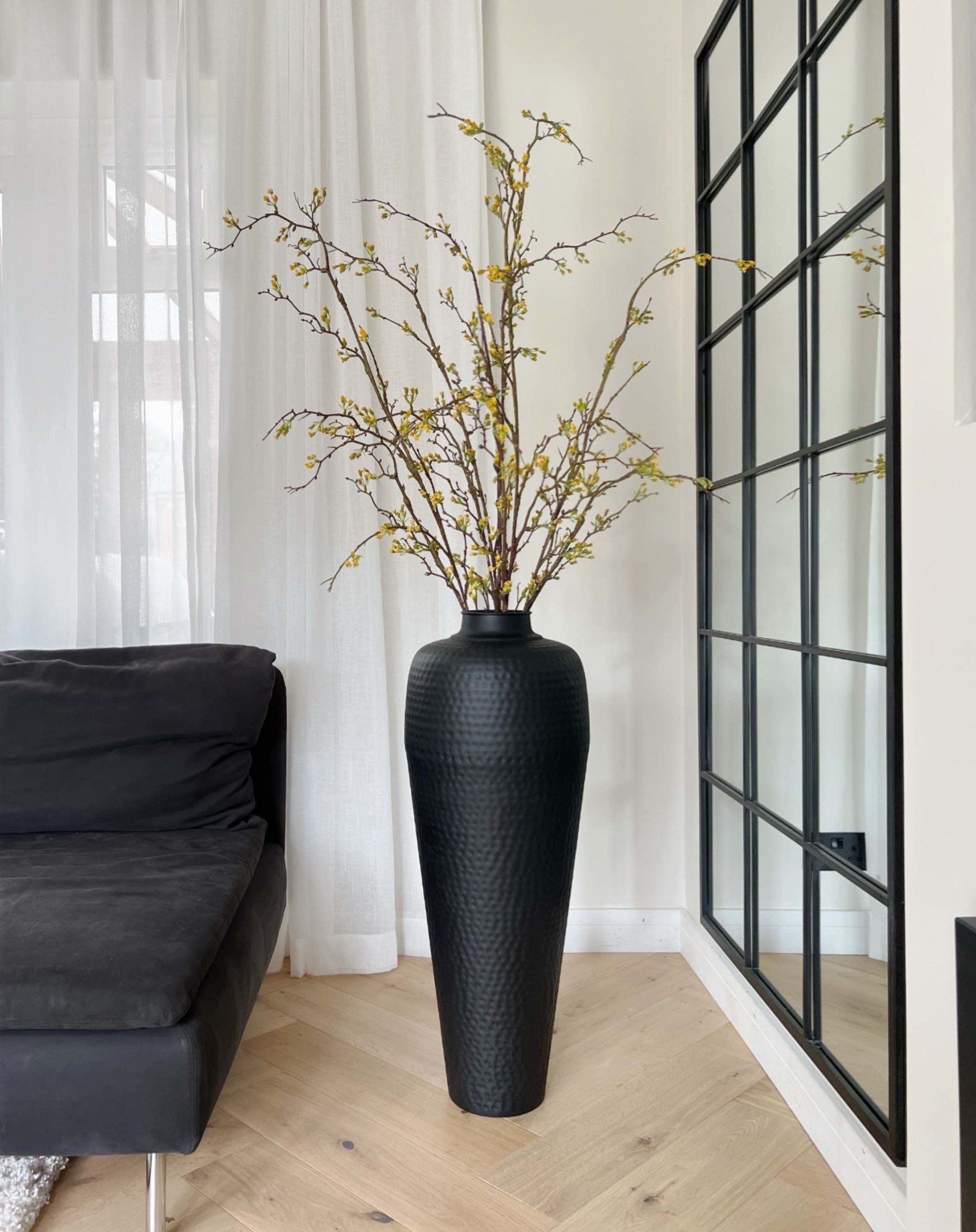 Tall Black Hammered Vase, Large Vase, Freestanding Vase, Metal Vase