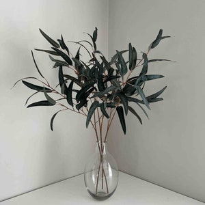 Könnte beinhalten: Eine klare Glasvase mit künstlichen Eukalyptuszweigen. Die Blätter sind dunkelgrün mit einem Blaustich, die Stiele hellbraun. Die Vase hat eine runde Form und einen schmalen Hals, platziert auf einer weißen Oberfläche.