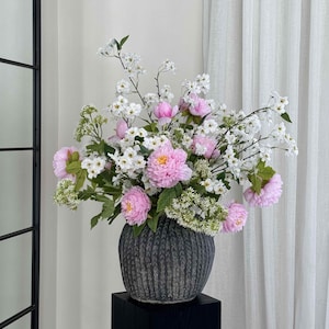 Peony and Blossom Faux Flower Arrangement, Artificial Flowers, Faux Florals, Spring Flowers, Spring Decor, Cherry Blossoms, UK