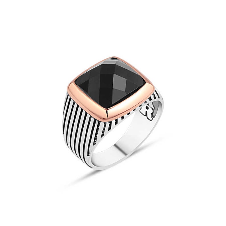 3 Options Amethyst-GreenAgate-Onyx Minimalist Design Rectangular EDGY Stone Vertical Lines 925K Handmade Genuine Silver Man Ring