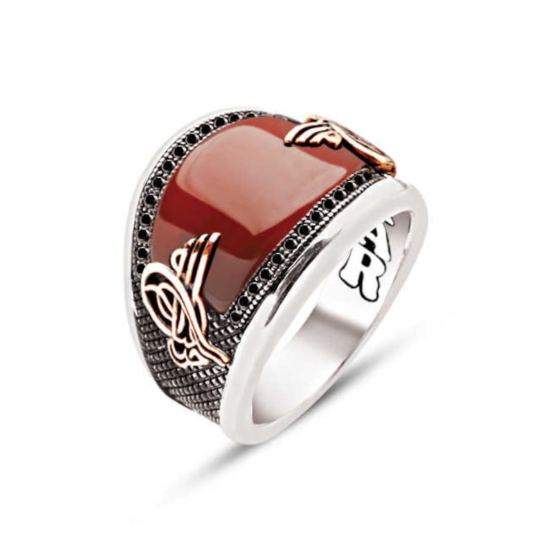 6 Options Tigereye-RedAgate-Onyx-Lapis-Turquoise-GreenAgate Half moon Cut Stone Stamp on Sides 925K Handmade Genuine Silver Man Ring