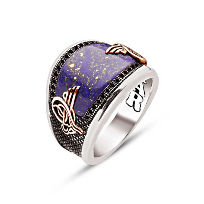 6 Options Tigereye-RedAgate-Onyx-Lapis-Turquoise-GreenAgate Half moon Cut Stone Stamp on Sides 925K Handmade Genuine Silver Man Ring