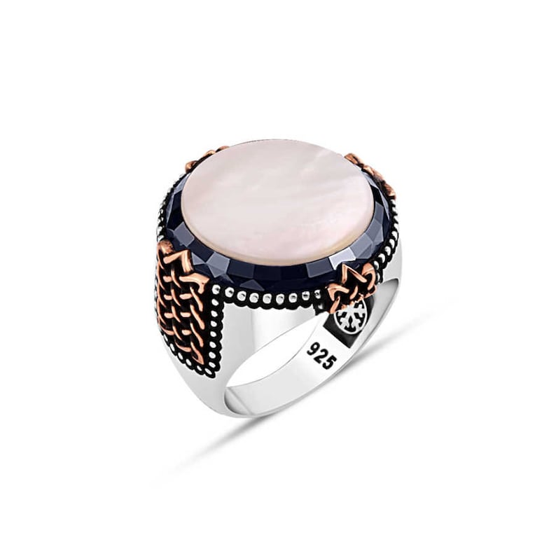 4 Color Options Circle Plain Mother of Pearl Stone Edgy Cut Around Epaulette Side Designs 925K Handmade Genuine Silver Man Ring