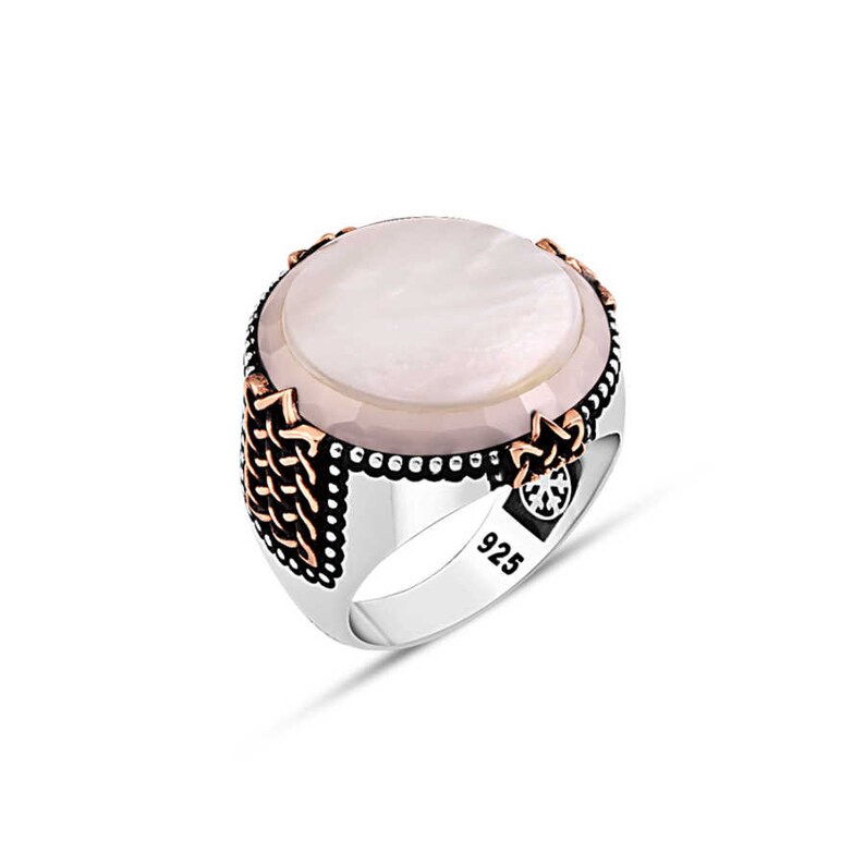 4 Color Options Circle Plain Mother of Pearl Stone Edgy Cut Around Epaulette Side Designs 925K Handmade Genuine Silver Man Ring
