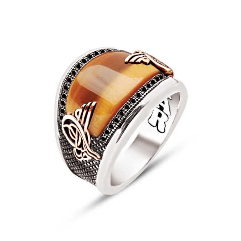 6 Options Tigereye-RedAgate-Onyx-Lapis-Turquoise-GreenAgate Half moon Cut Stone Stamp on Sides 925K Handmade Genuine Silver Man Ring