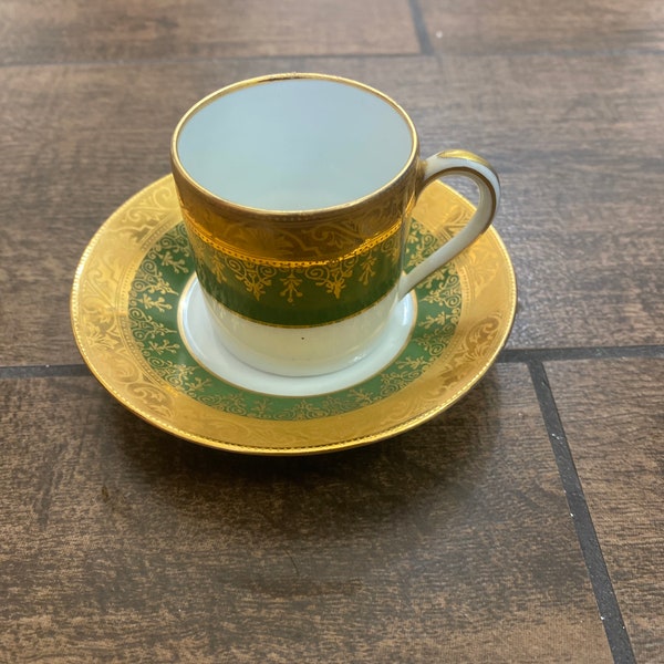 Vintage Limoges small teacup and plate, cute shabby chic tea cup green and gold, for that classy person in you!