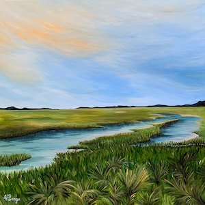 Low Country Marsh Original Painting, Acrylic on Canvas, South Carolina coastal art and decor, 20&quot;x20&quot;