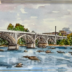 K&ouml;nnte beinhalten: Aquarellmalerei einer Br&uuml;cke mit Bogenst&uuml;tzen &uuml;ber einem Fluss. Das Kunstwerk zeigt einen hellblauen Himmel, gr&uuml;ne B&auml;ume und Geb&auml;ude im Hintergrund. Die Signatur des K&uuml;nstlers, "H. Banger", ist unten rechts sichtbar.
