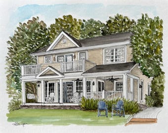 Custom House Portrait Watercolor, Housewarming Gift, Pen & Ink House Painting, Personalized Art gift