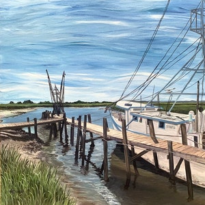 Low Country Marsh Shrimp Boats Giclée Art Print, Fripp Island, Carolina del Sur, barcos de pesca, arte costero, decoración de la casa de playa