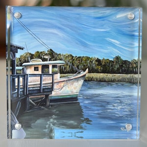 Framed Low Country Marsh Boat art print, Acrylic magnetic frame, Framed art, Coastal decor
