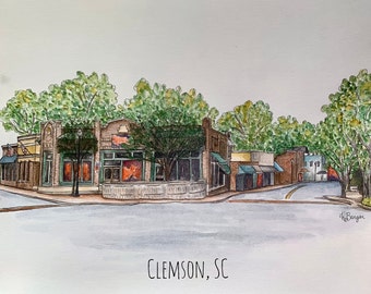 Clemson, South Carolina Giclée Art Print, South Carolina Art, Downtown Clemson, 8"x10" and 11"x14"