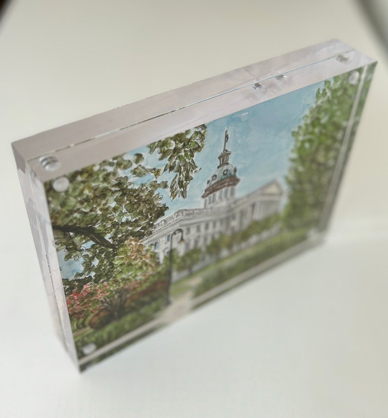 May include: A framed watercolor print of a white building with a domed roof, surrounded by trees and greenery. The artwork is encased in a clear acrylic frame, showcasing the image's details. The overall aesthetic is a blend of art and architecture.