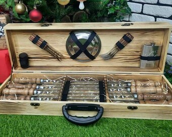 Premium BBQ Skewer Set "Elit" (720x12x3 mm) + Accessories Kit in Wooden Case | Grilling Utensils