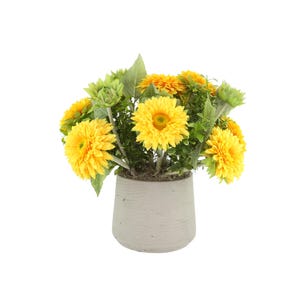 May include: A vibrant arrangement of yellow sunflowers and green foliage in a gray concrete pot. The sunflowers have bright yellow petals and dark centers. The pot has a simple, modern design, making it a cheerful home decor item.