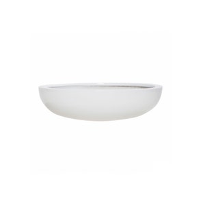 May include: A white, oval-shaped planter with a smooth, glossy finish. The interior of the planter is a contrasting light gray color. The planter is designed for indoor or outdoor use and is suitable for various plants.